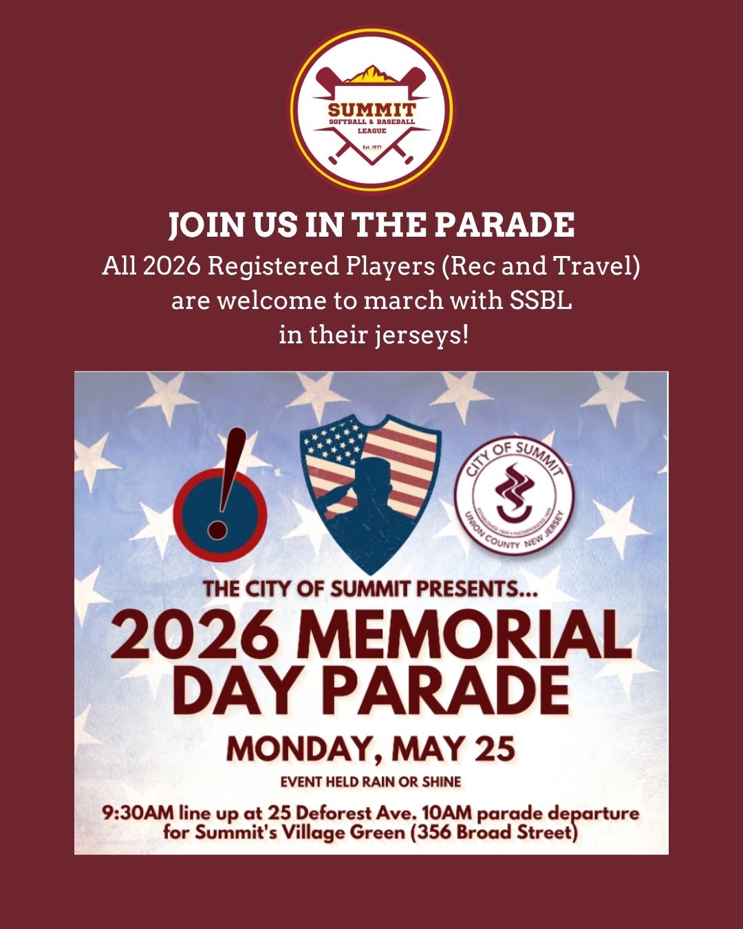 2026 Memorial Day Parade - Join us on Monday, May 25th, 10am. Images: logo of SSBL & City of Summit, NJ.